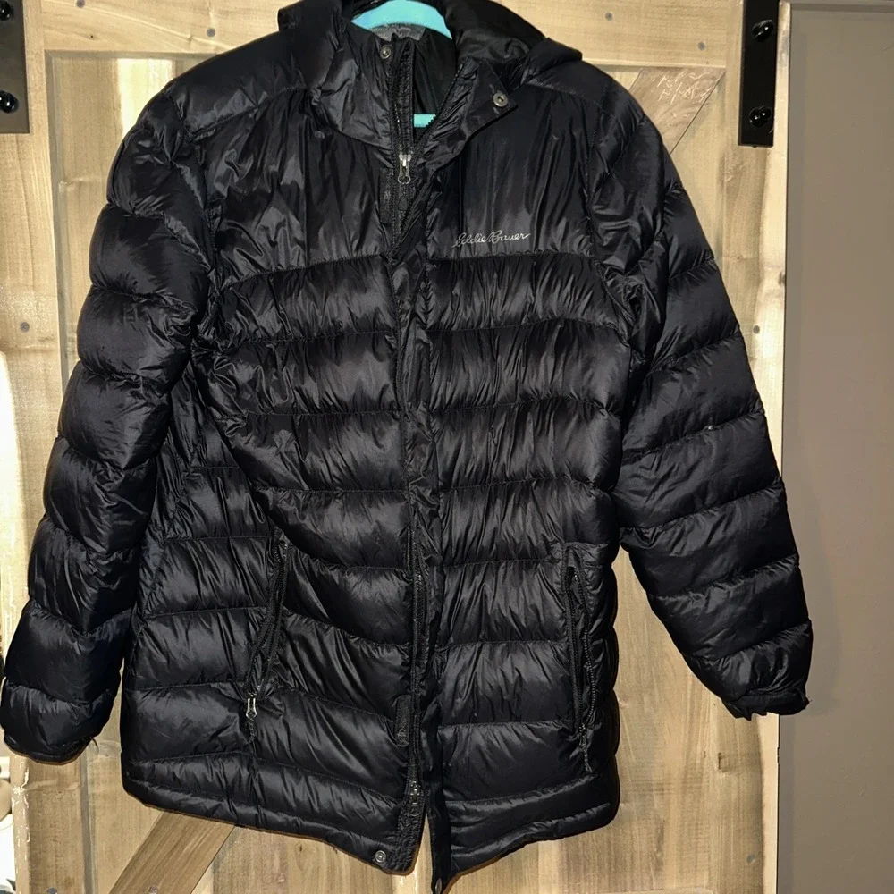 EDDIE BAUER Jacket Mens Large Hooded Down Insulated Puffer Black